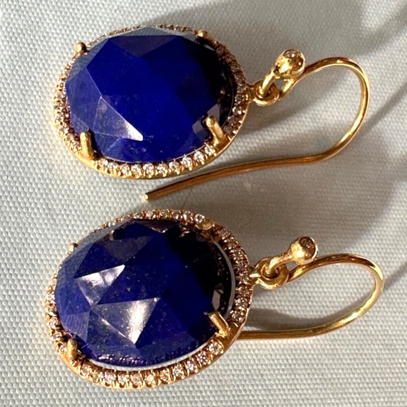 Designer IRENE NEUWIRTH 18K Yellow Gold Oval Lapis Lazuli Diamond Drop Earrings - Picture 10 of 15